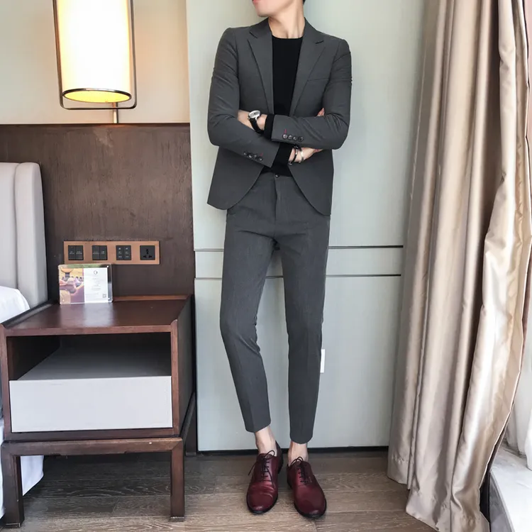 猎撒男士英伦风西装两件套商务休闲时尚刺绣西服套装潮流修身西装