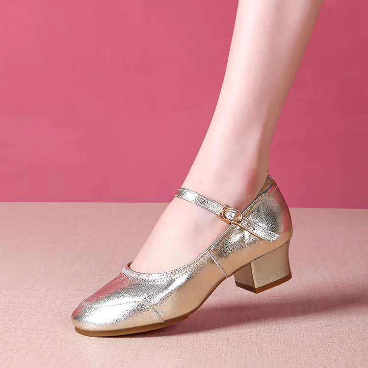 新款真皮喷漆跟广场舞鞋软底舞蹈鞋金色跳舞鞋广场舞女鞋交谊舞鞋