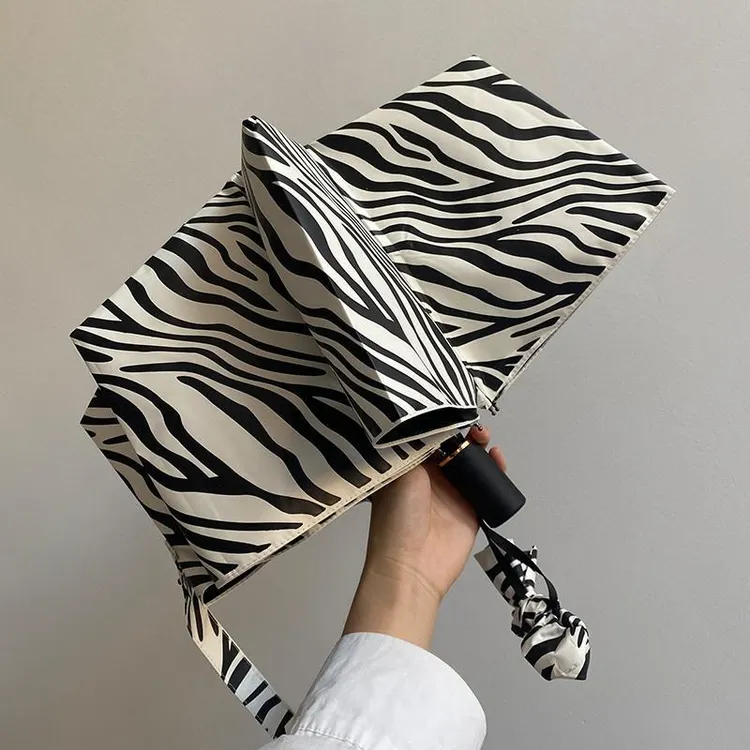 斑马纹全自动雨伞女ins风遮阳三折晴雨两用黑胶太阳伞雨伞遮阳伞