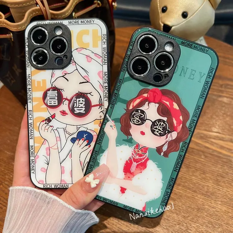 苹果/华为/vivo/oppo/小米 创意富婆玻璃手机壳网红手机壳软包边1