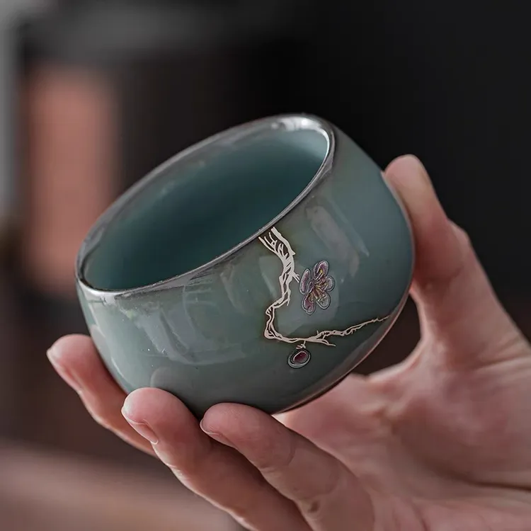 官窑青瓷铁胎主人杯单杯女高端冰裂纹茶杯陶瓷大号纯手工品茗茶盏