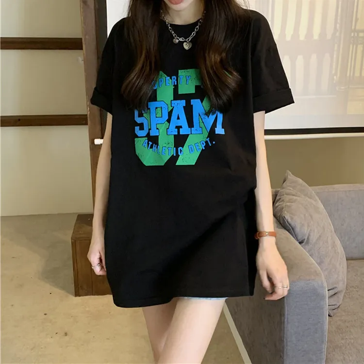 黑色时尚印花中长款短袖2025年新款夏季设计感小众圆领t恤上衣女