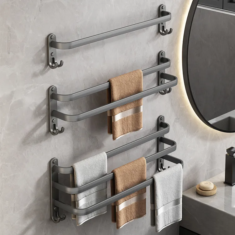 枪灰毛巾架免打孔卫生间壁挂式浴室毛巾挂杆置物架洗手间收纳挂架