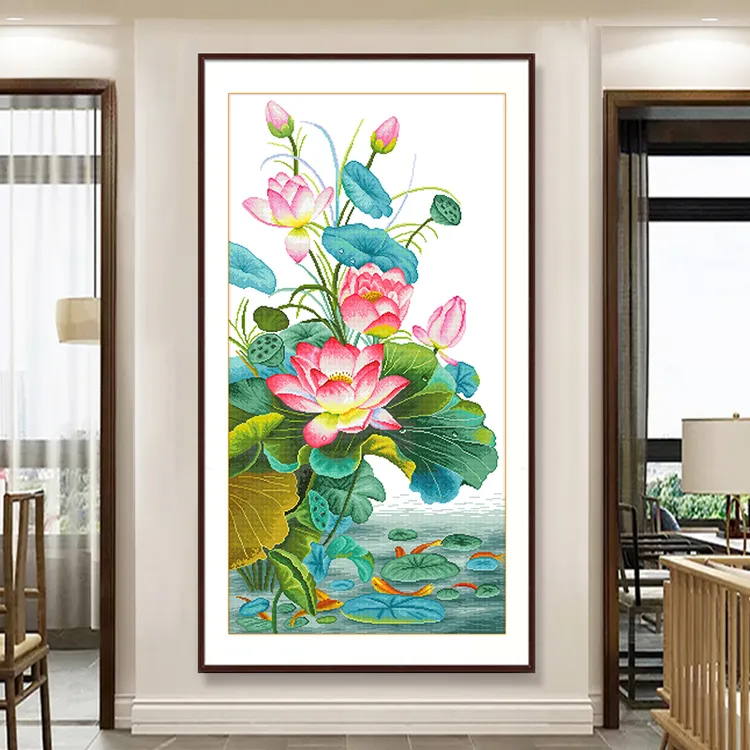 芊虹秀鱼悦清荷十字绣2025新款线绣客厅简单大气竖版手工荷花刺绣