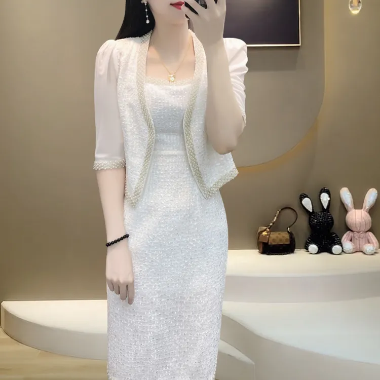 DS21161#小香风轻奢钉珠粗花呢两件套套装裙春夏新款法式气质裙子