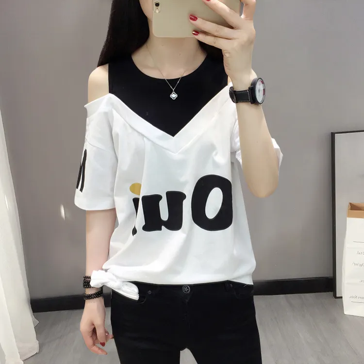 2025夏季新款洋气减龄露肩短袖T恤女士设计感假两件上衣时尚女装