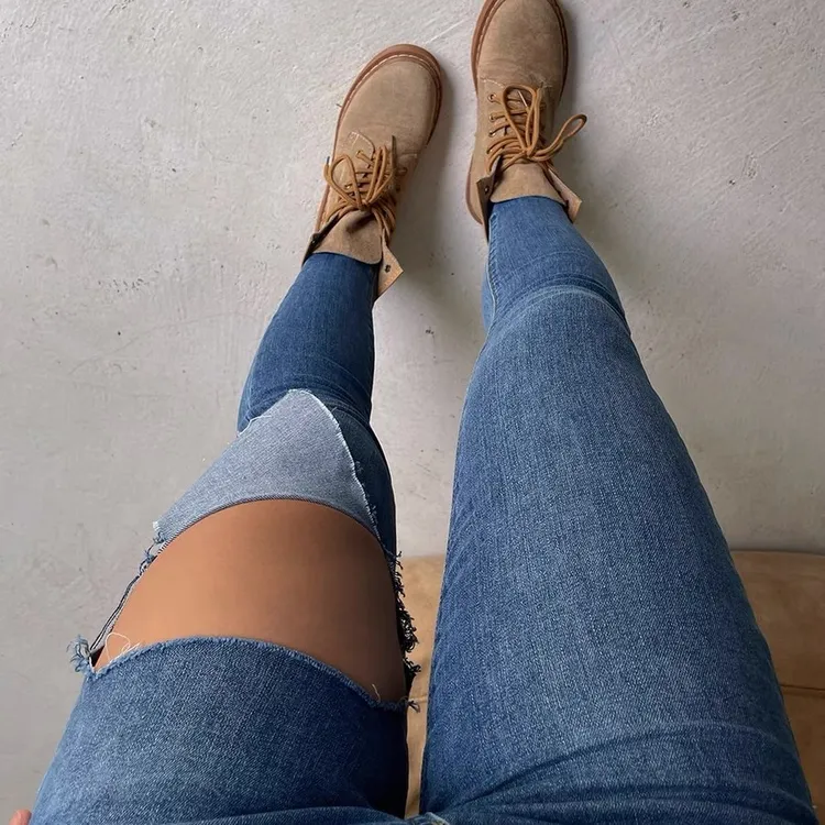 WUUDASHEN大腿破洞店主自留推荐高腰腰部改小弹力牛仔面料牛仔裤