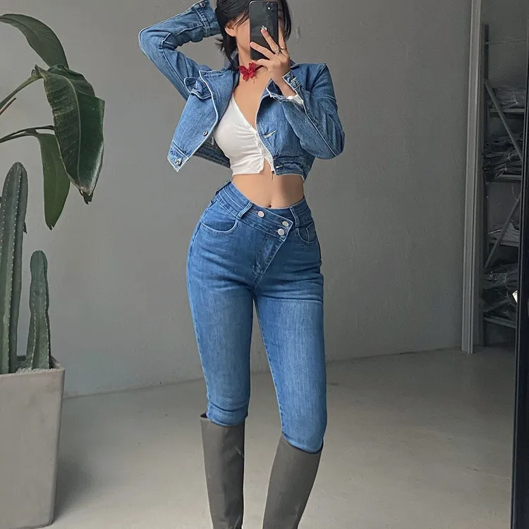 WUDASHEN斜边双粒扣腰部做小高腰牛仔裤铅笔裤3色