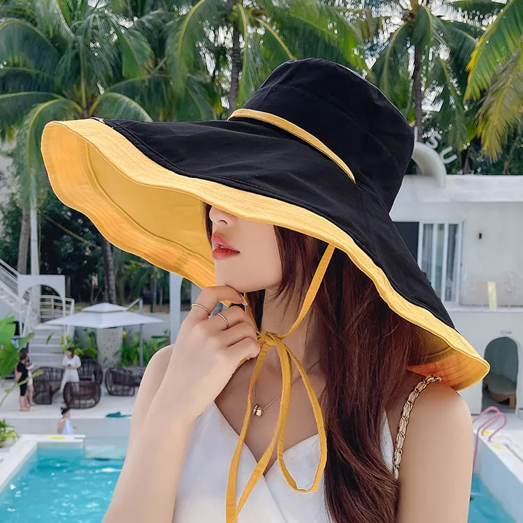 加长檐渔夫帽子夏季女遮脸透气防晒帽双面遮阳帽出游太阳帽大沿帽