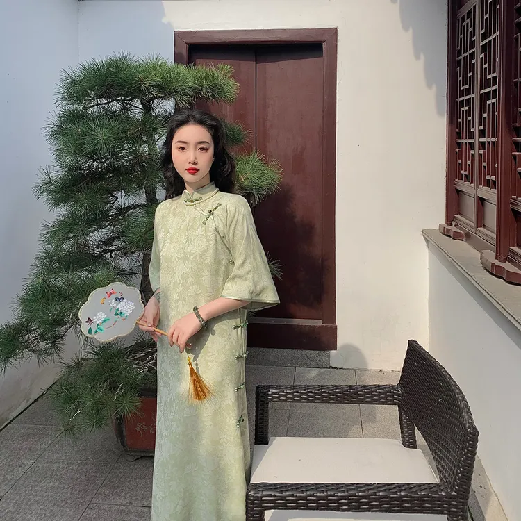 大码女装可穿到200斤新款胖mm显瘦减龄无省半开襟旗袍连衣裙盘扣