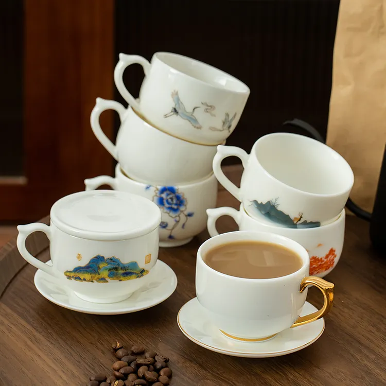 大号羊脂玉白瓷小清新咖啡杯早餐杯防烫有耳品茗杯描金带把泡茶杯