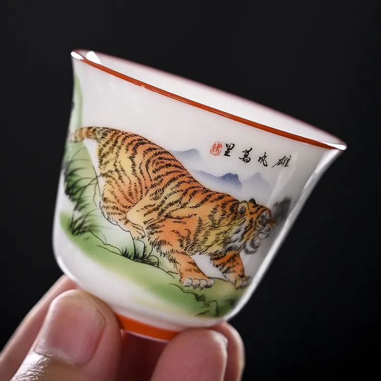 虎年专属羊脂玉瓷描线茶杯家用品茗杯功夫茶具虎图案喝茶杯泡茶杯