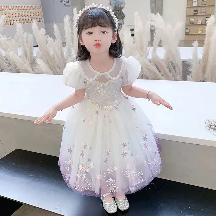 韩版洋气时尚女童潮流薄款连衣裙儿童夏季艾莎高档泡泡袖公主裙子