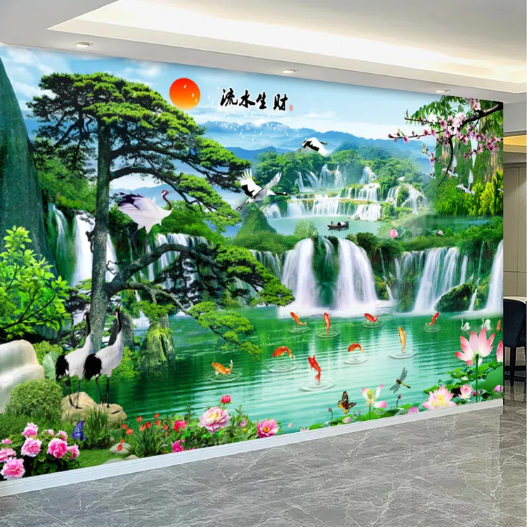 3D电视背景墙影视墙壁纸客厅18D墙纸壁画中堂山水画流水生财墙布