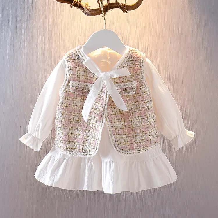 女童2025春秋季新款套装长袖裙子1一3周岁女宝宝小香风马甲两件套