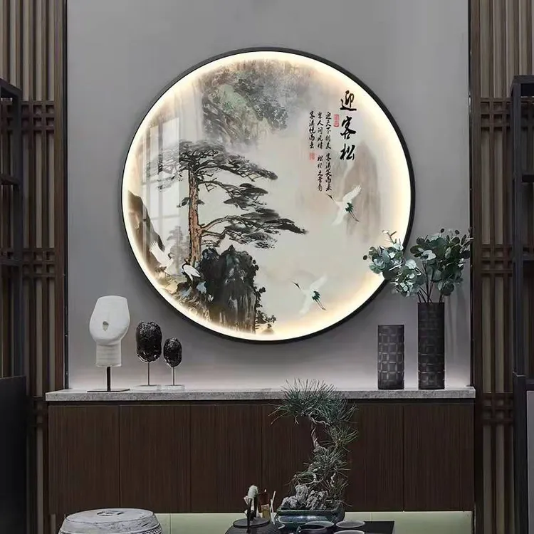 【高质】新中式玄关圆形装饰画迎客松玄关茶室客厅餐厅背景墙平面画