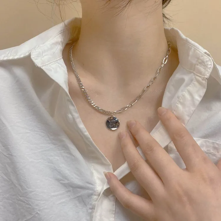 钛钢项链 【希西家】8034休闲时尚圆牌笑脸钛钢素款嘻哈字母潮流