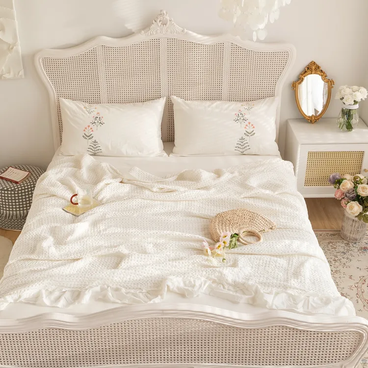 ins同款蜂巢氧气荷叶边夏季用莱赛尔天丝四季多用毯盖毯毯子睡毯