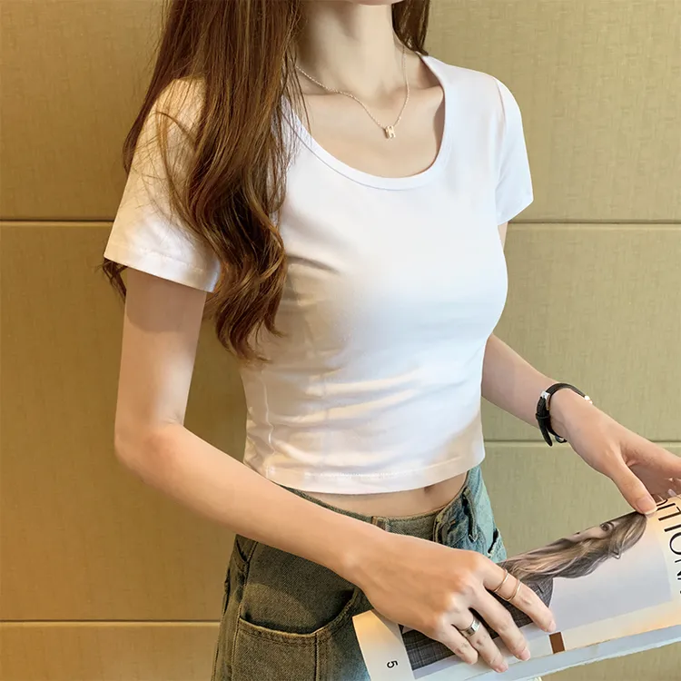 短款短袖t恤女夏季显瘦白色露脐上衣高腰修身百搭纯棉小个子内搭u