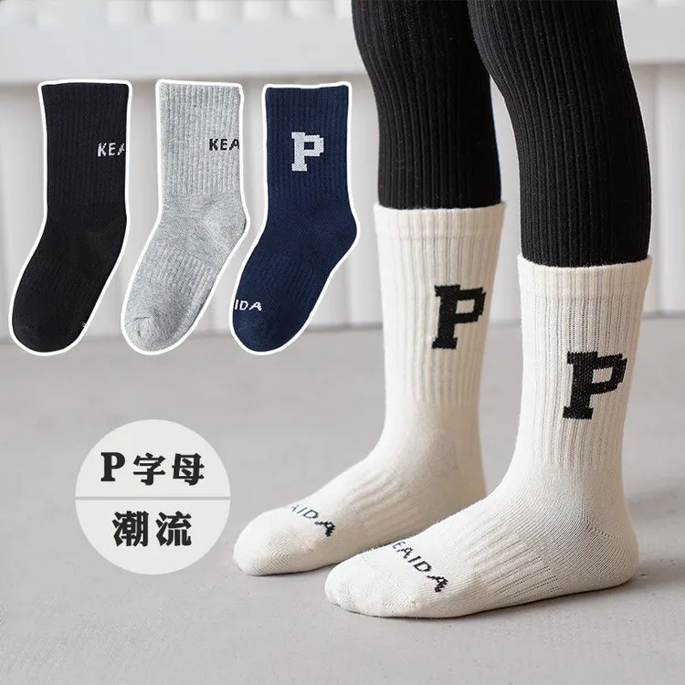 春秋款儿童袜子男女童小孩棉袜中筒袜冬季韩国字母P中大童ins潮袜