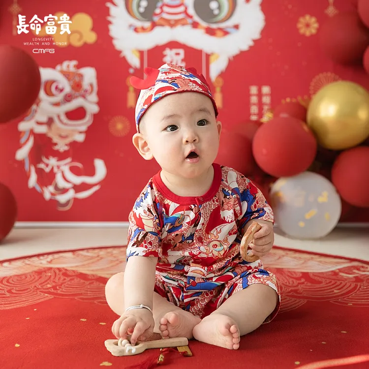 长命富贵婴儿衣服满月百天服装中国风连体衣女抓周周岁礼服男宝宝