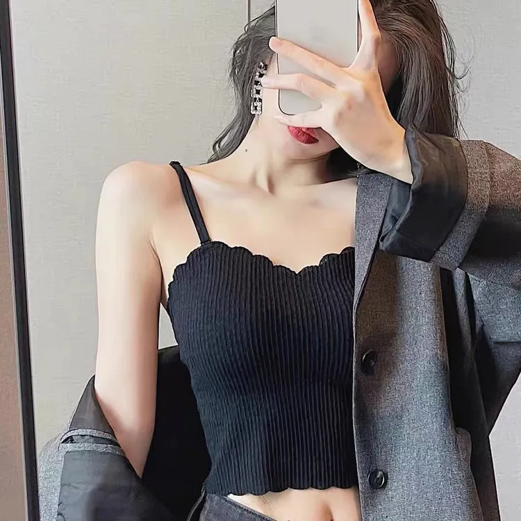 吊带女夏季薄款背心内搭带胸垫内衣打底设计感小众外穿抹胸上衣黑