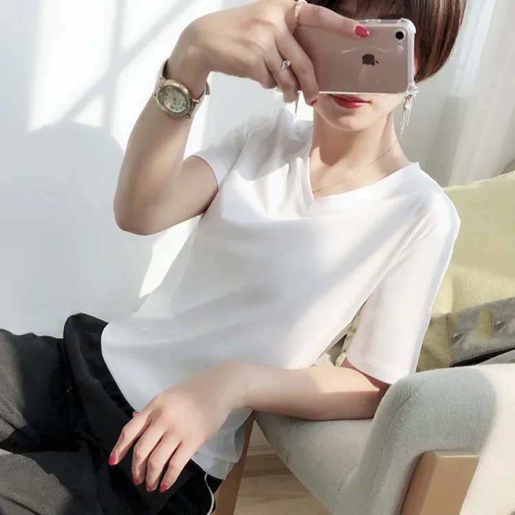 高端丝光棉短袖t恤女2025年新款夏季纯棉V领纯色百搭宽松显瘦上衣