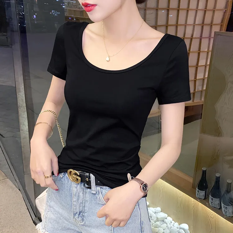 纯黑色u领正肩短袖T恤女2025夏季新款低领气质内搭大领口修身上衣