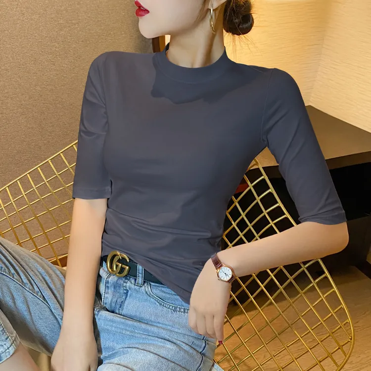 灰色半高领中袖T恤女2024年新款韩版气质修身显瘦打底衫半袖上衣