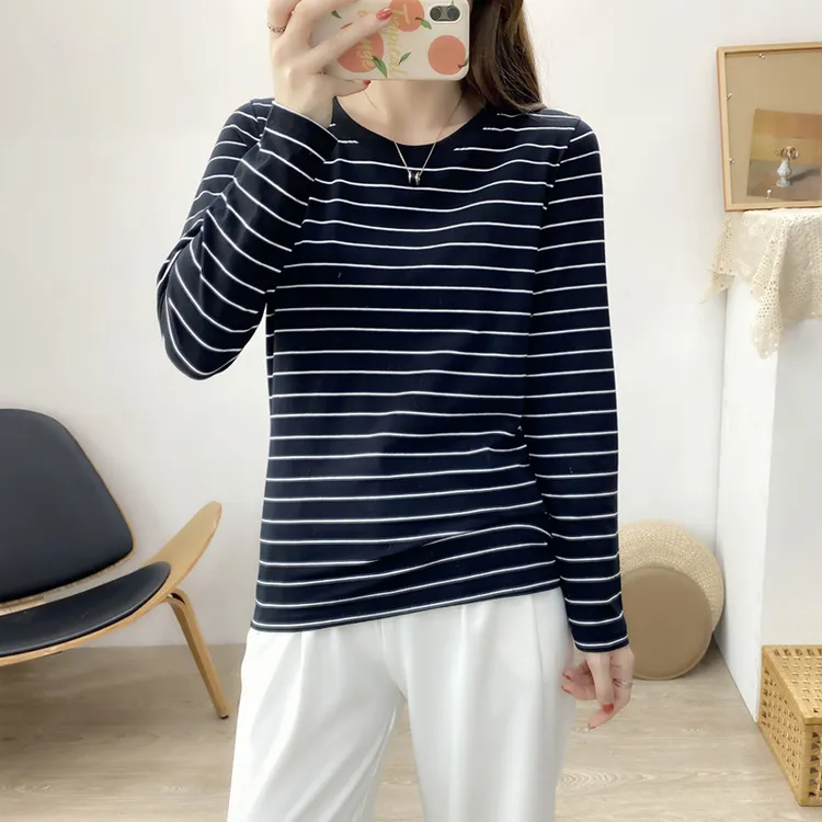 条纹宽松打底衫长袖可外穿显瘦大码女秋衣2025年新款T恤上衣春季