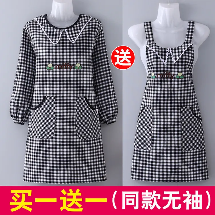 纯棉长袖围裙家用厨房2021新款翻领方格罩衣女漂亮工作服棉布外套