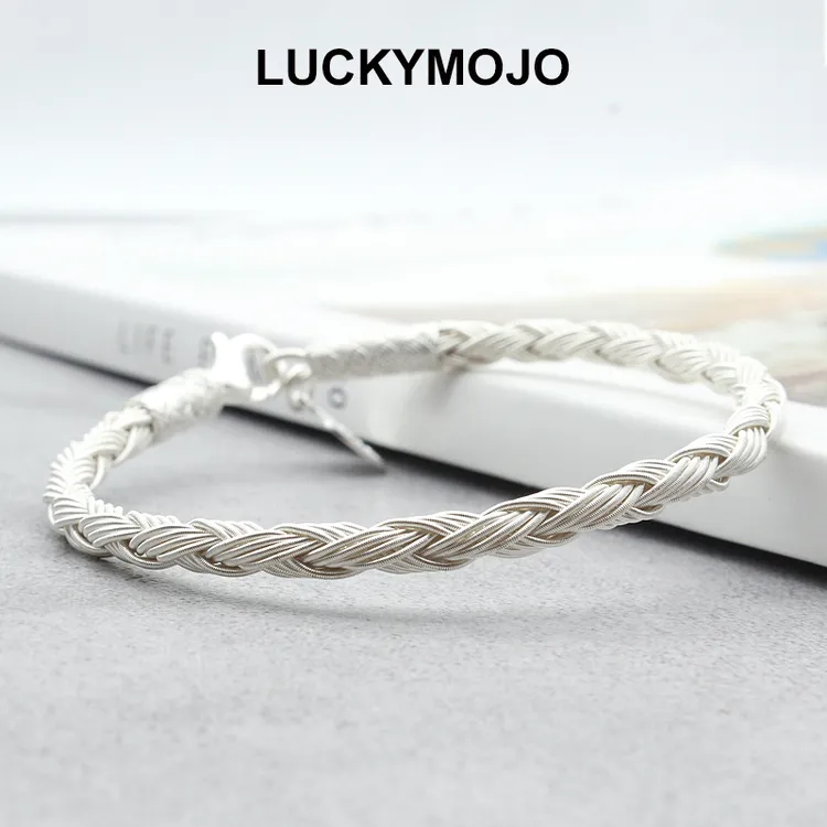 LUCKYMOJO 足银手链 极简风银手镯手工编织精致女生礼物小众高级