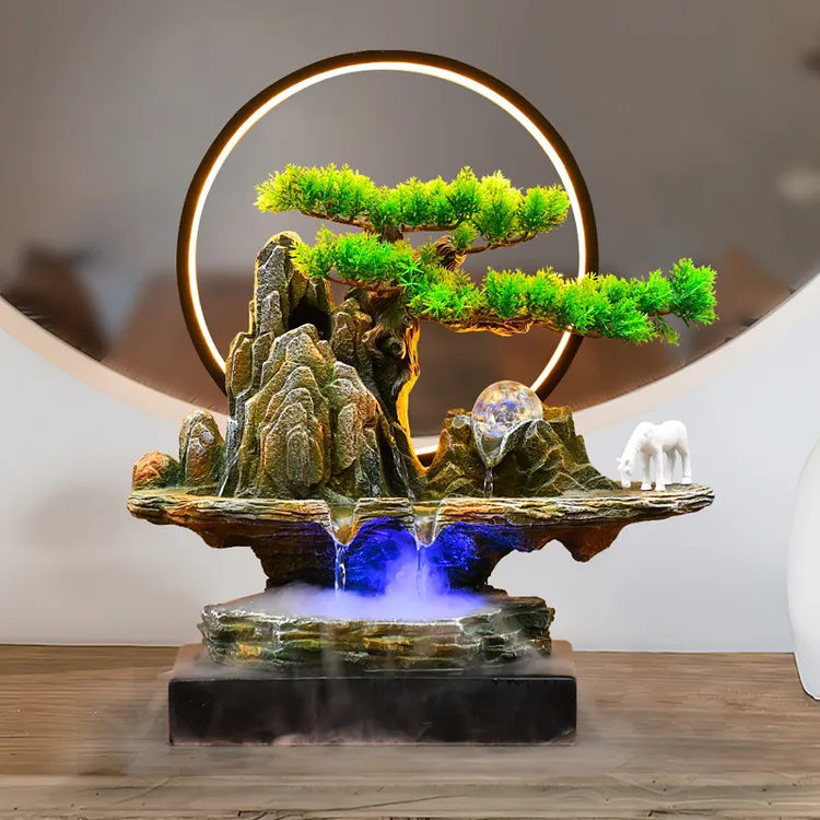 新中式假山流水喷泉灯圈锦绣松山客厅玄关办公室流水摆件循环水