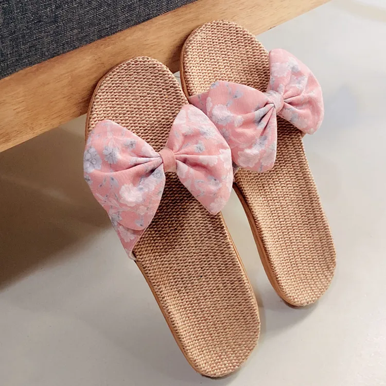 蝴蝶结居家亚麻拖鞋女夏季室内软底防滑木地板可爱凉拖鞋夏天家用