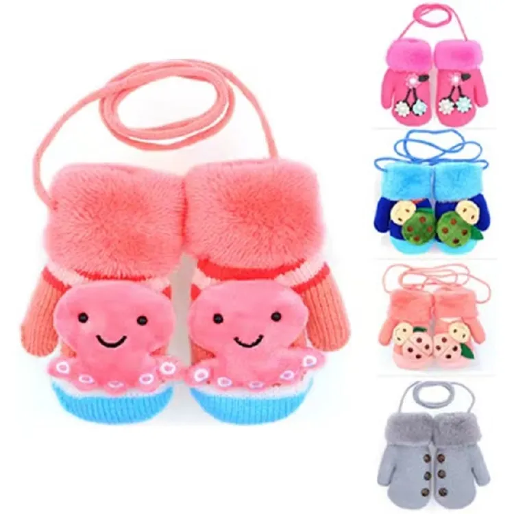 冬季儿童保暖手套卡通可爱加绒加厚男童公主女童挂绳挂脖手套腈纶