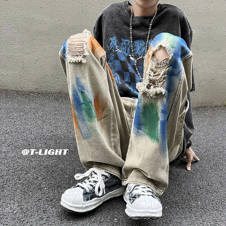 美式hiphop潮牌欧美vibe高街裤子涂鸦设计感夏季破洞牛仔裤男ins