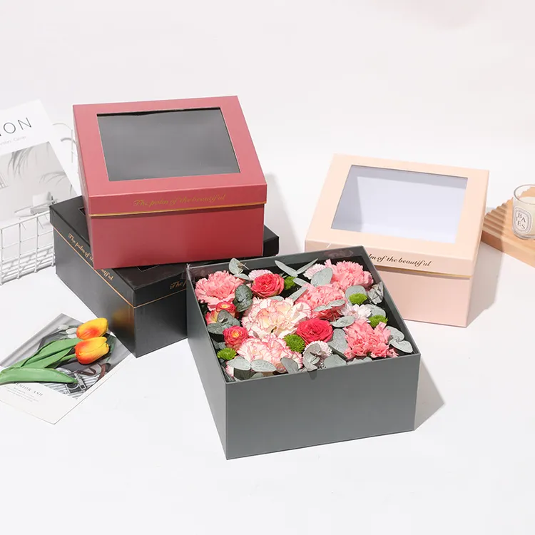 正方形透明pvc开窗黑色套二鲜花礼品盒情人节束脩之礼礼盒包装
