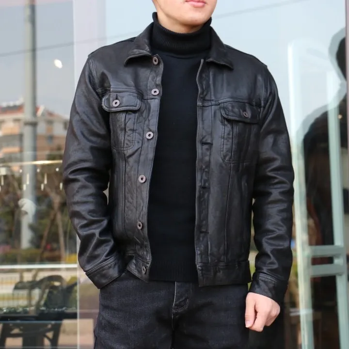 羊牛仔507夹克.男士翻领百搭无涂植鞣头层绵羊皮经典春秋休闲皮衣