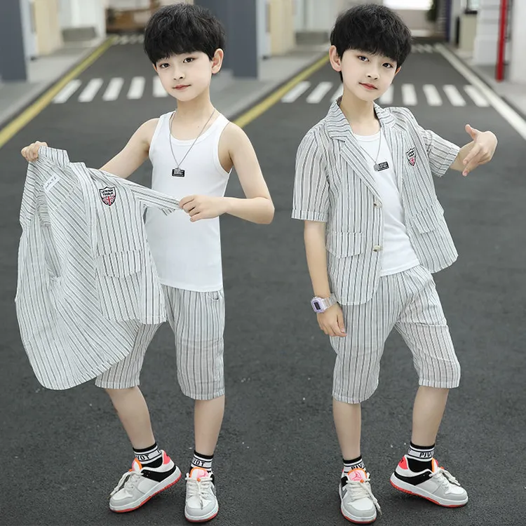 男童夏季小西服套装小童洋气条纹短袖宝宝薄款韩版帅气夏款小西装