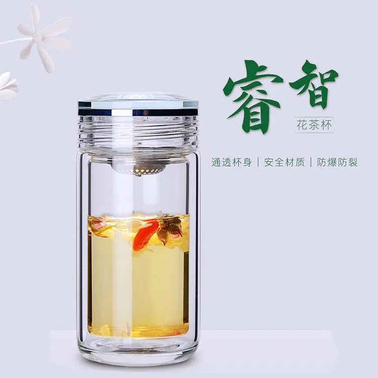 小号玻璃杯泡茶杯花茶杯双层加厚耐高温男女士便携式水晶玻璃水杯
