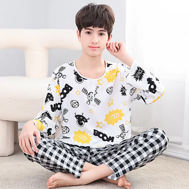 夏季青少年长袖薄款绵绸睡衣中大童男童棉绸空调服家居服套装