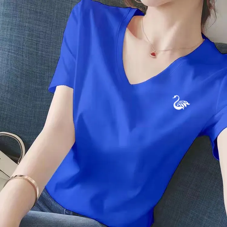 2025新款T恤蓝色V领印花鸡心领短袖女宽松显瘦百搭穿搭遮肚时尚