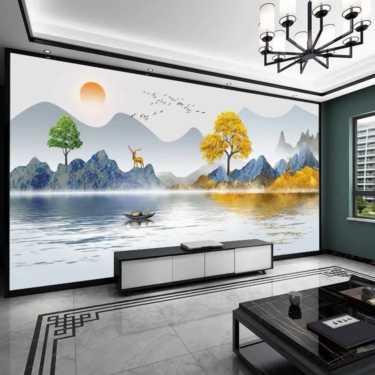 轻奢风电视背景墙壁纸客厅装饰山水画墙纸3D影视墙布简约现代壁画