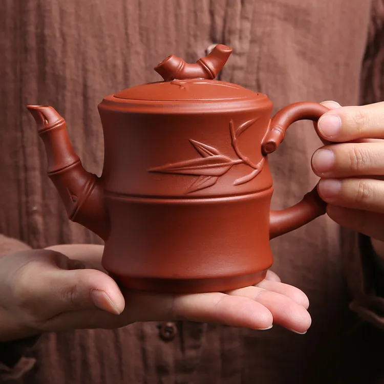 （方福铭）原矿紫砂朱泥凤鸣手工竹节壶家用茶壶230cc功夫茶具