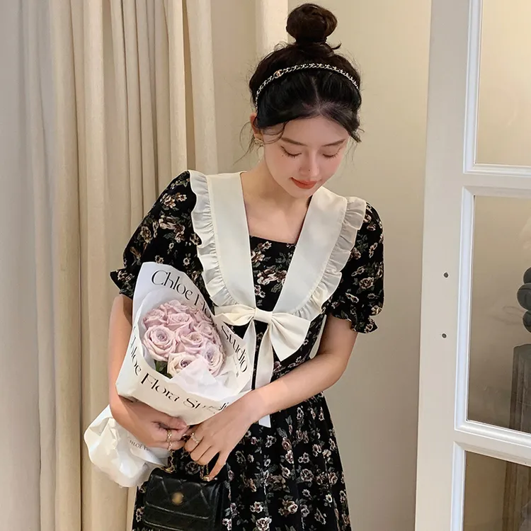 女装连衣裙2025夏季新款法式海军领黑色碎花裙女春蝴蝶结气质裙子