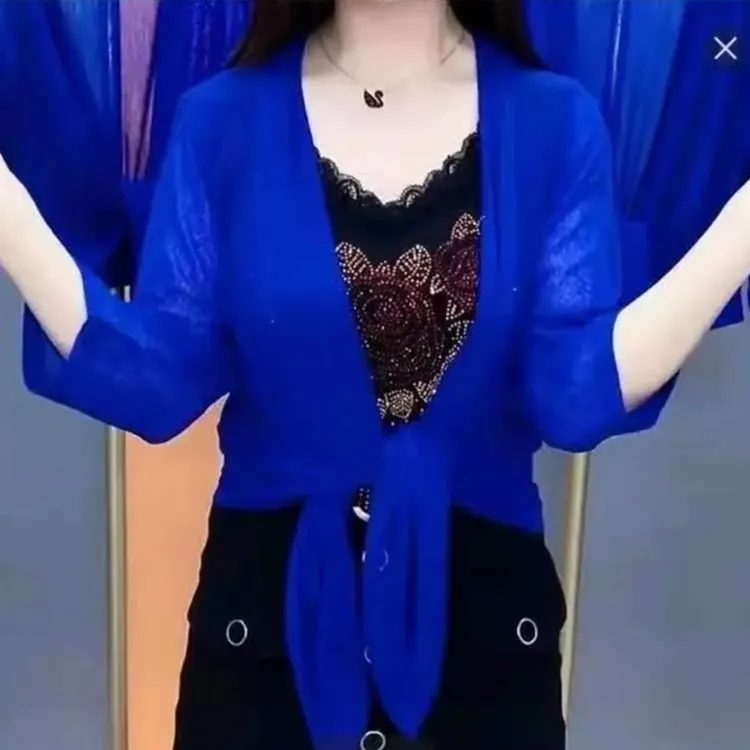 时尚洋气雪纺纱糖果色百搭带宽松外搭短款上衣夏季薄款春夏蕾丝