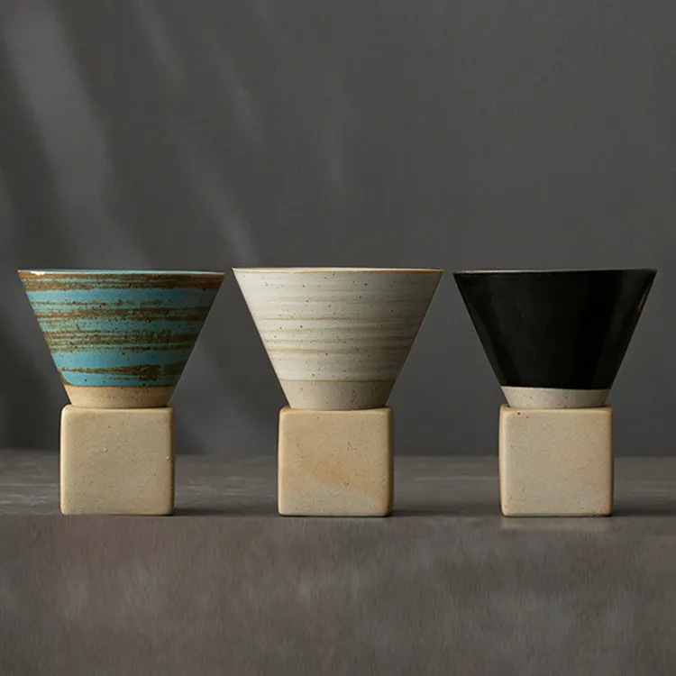 Lhopan复古陶瓷咖啡杯带底座家用浓缩杯手工描釉茶杯粗陶个人水杯