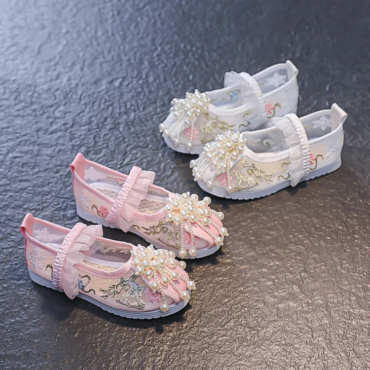 女童汉服鞋夏季儿童绣花鞋凉鞋网鞋古风马面裙演出鞋宝宝网纱透气