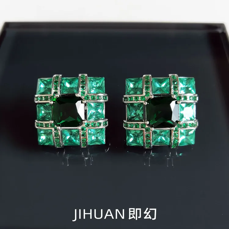 即幻 铜合金耳饰 ♦浮光锦B 欧美绿色设计师款满镶轻奢耳环A-5213