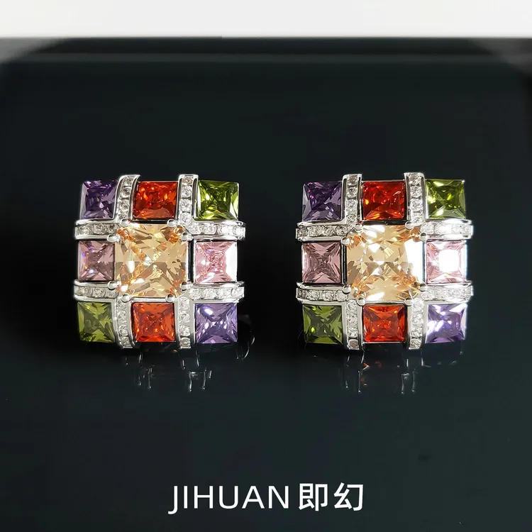 铜合金耳饰 ♦浮光锦A 欧美设计师款彩色满镶严谨轻奢耳环5212